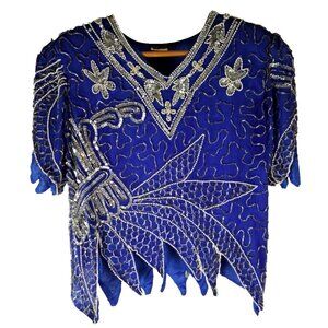 Vintage Womens Eve's Allure Sequin Top Blue Silk Embellished Party M NEW READ